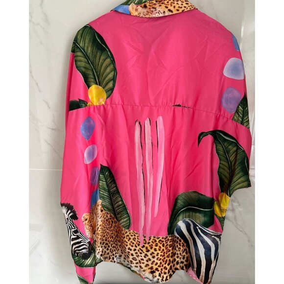 Patricia Forgeal LM Lulu Pink Button-Up Shirt With Jungle Safari Print Leopard & - Picture 4 of 11
